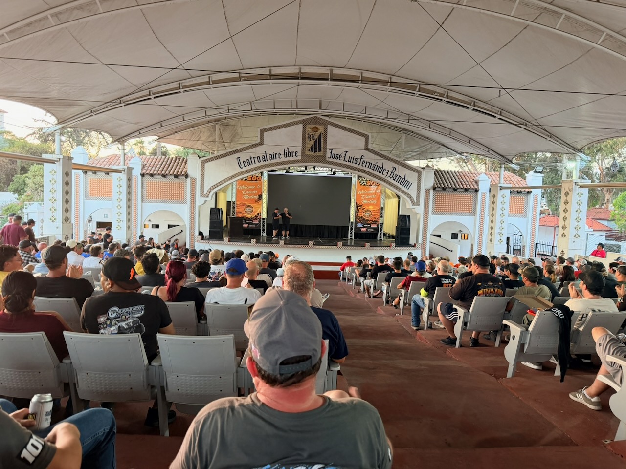 Eliseo briefing competitors at the NORRA 500 drivers meeting