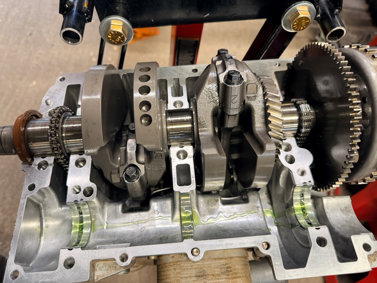 Bottom end of the Polaris engine during assembly