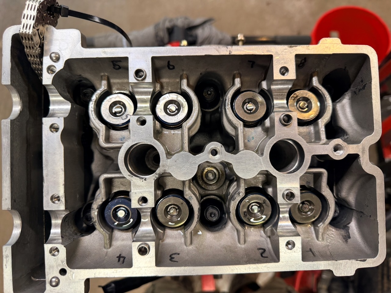 Valve springs installed in the rebuilt cylinder head